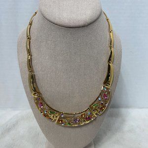 Gold Tone Collar Choker Multi Faux Gem Reticulated Floral Links w/ 2 Extensions